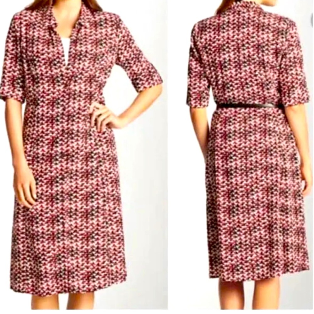 J. Jill Red Black White Triangle Roll Tab Short Sleeve Collared Dress. Size 12